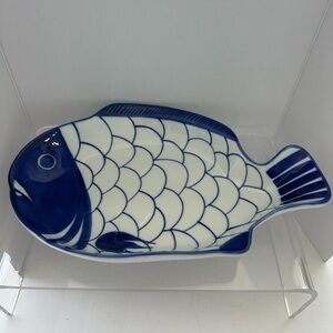 Dansk Hand Painted Navy and White Fish-Shaped Platter Small 12 x 7” Vintage